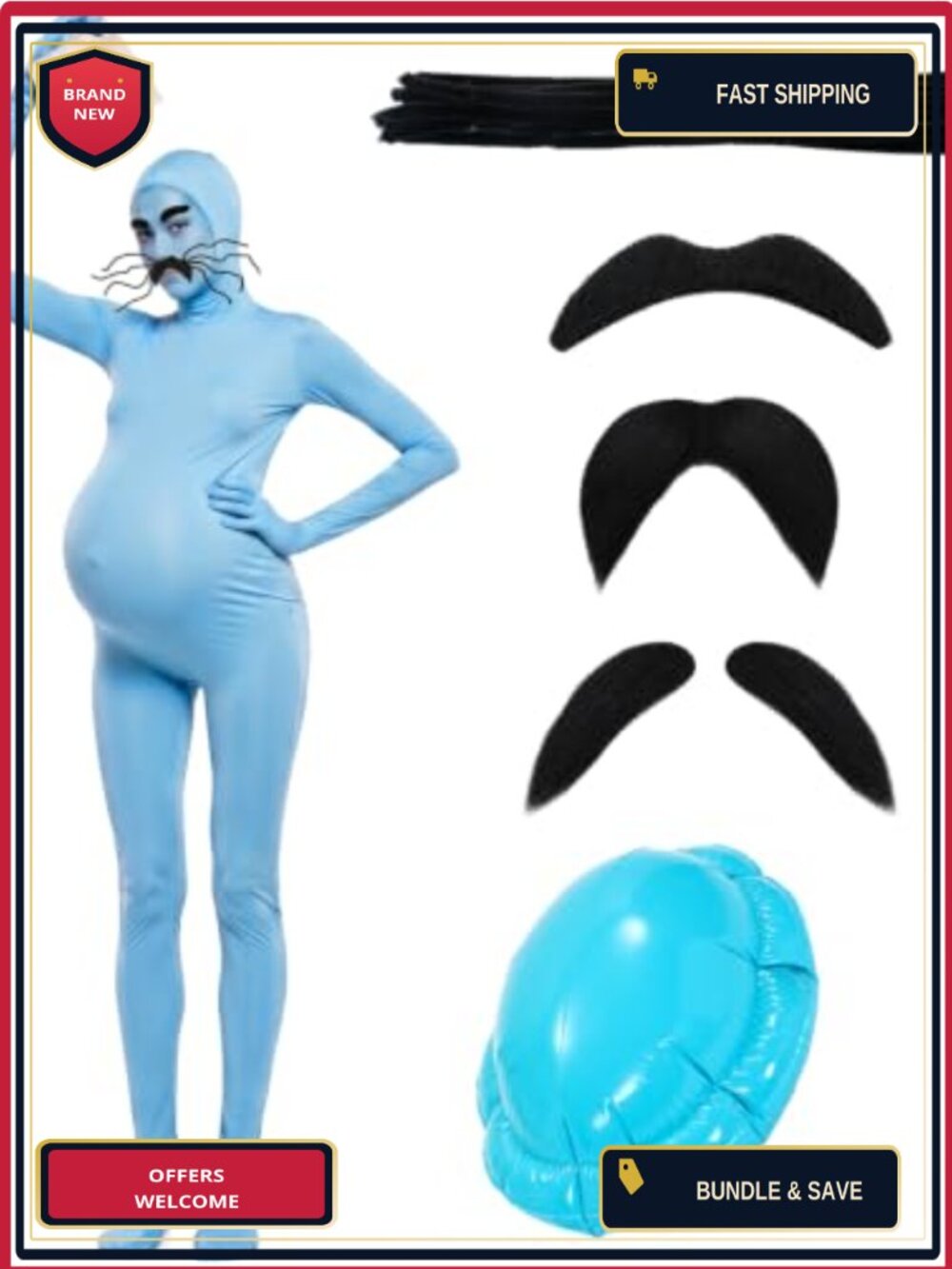 Adult Halloween Blue Bodysuit Costume Set Inflatable Belly Unisex